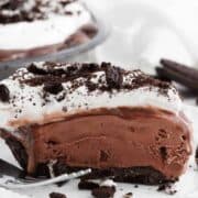 A slice of mud pie on a plate.