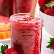 Strawberry rhubarb jam in a jar.