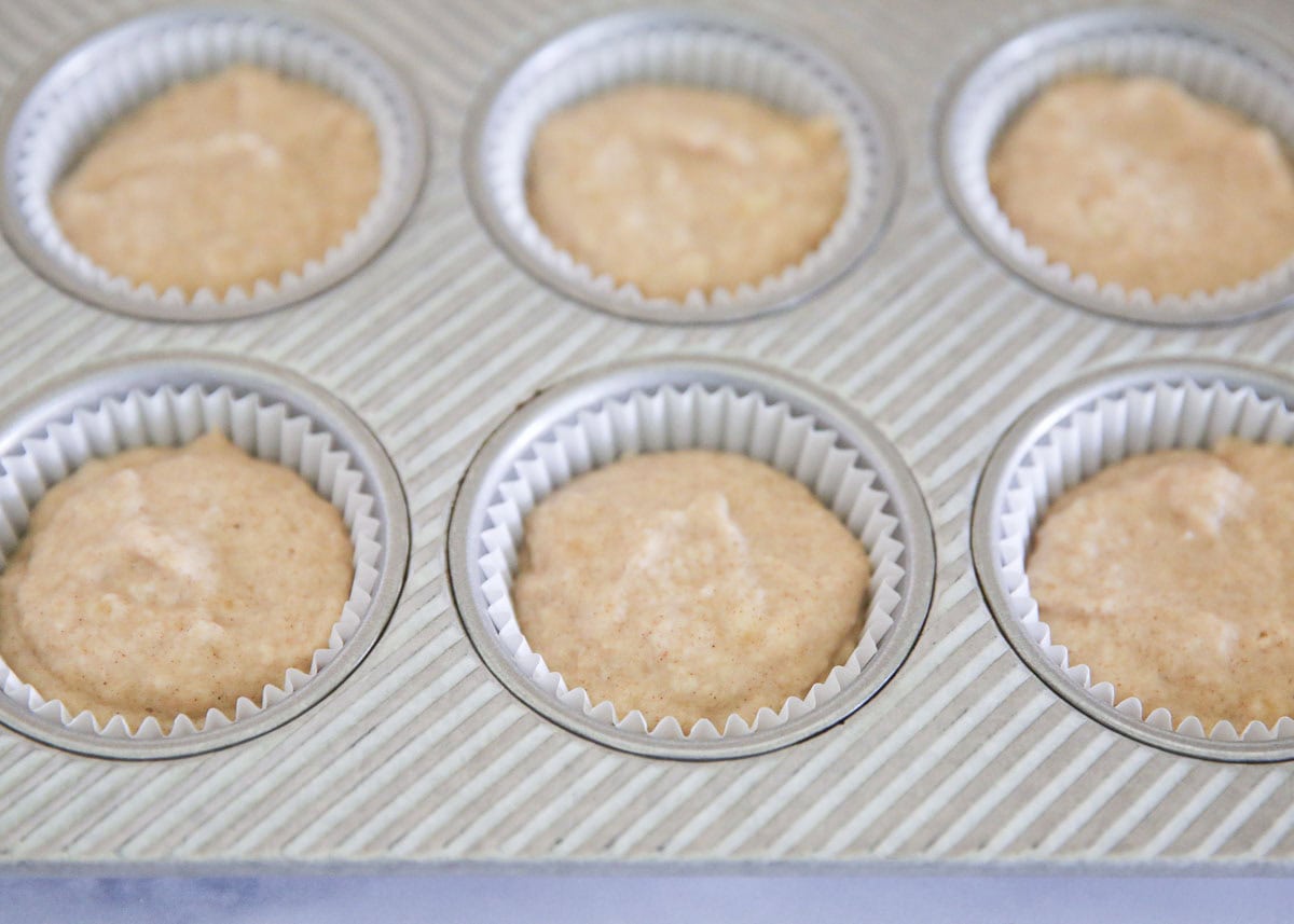 Muffin batter in a muffin tin.