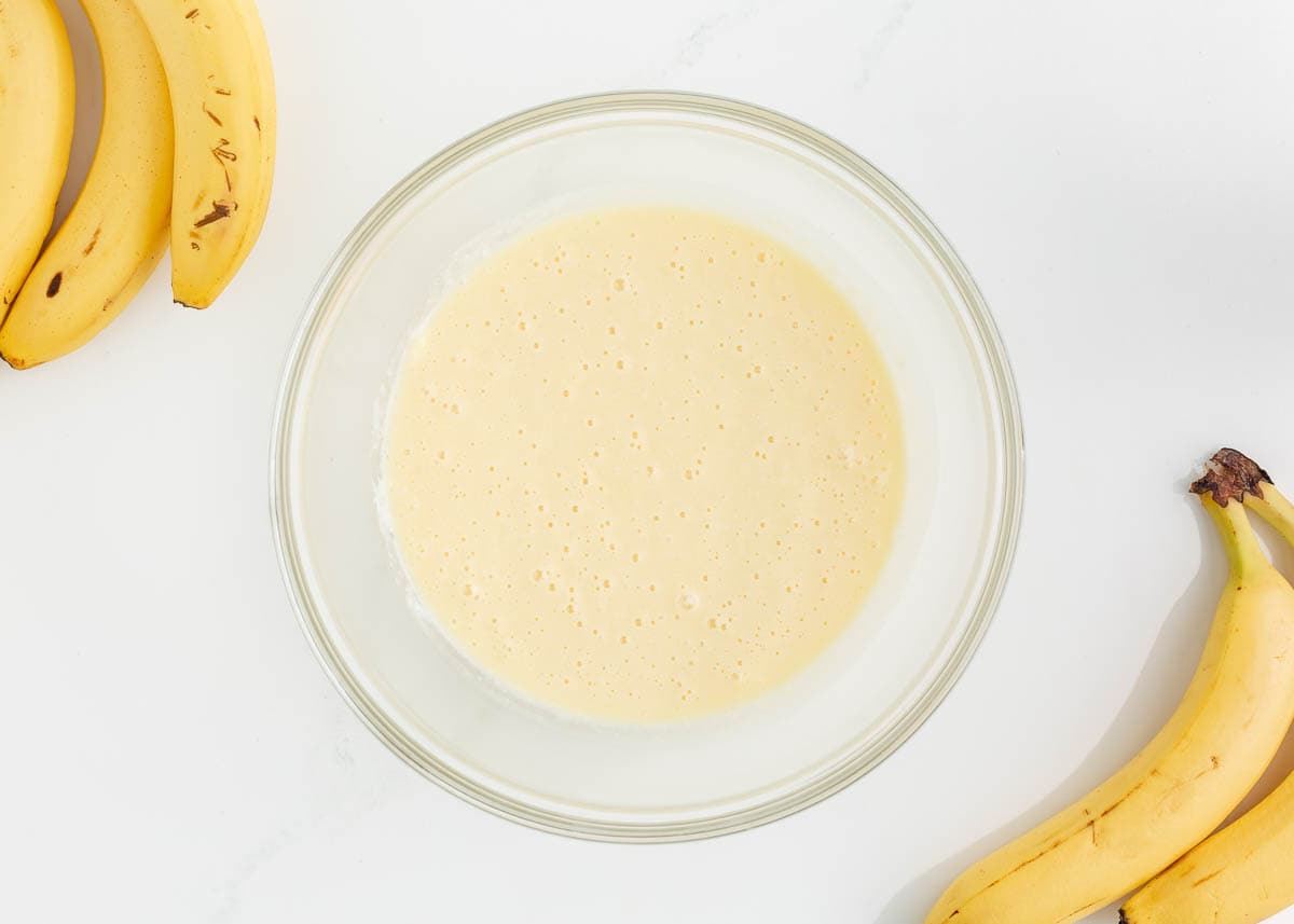 Liquid ingredients for banana nut bread.