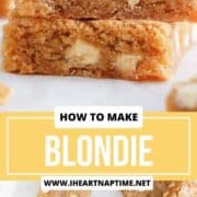 Blondies cut into squares on counter.