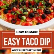 Taco dip in dish and on a tortilla chip.