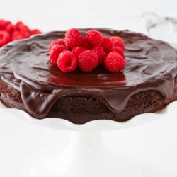 Flourless chocolate cake with raspberries on top.