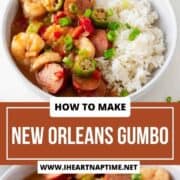 Gumbo in a white dish with rice.