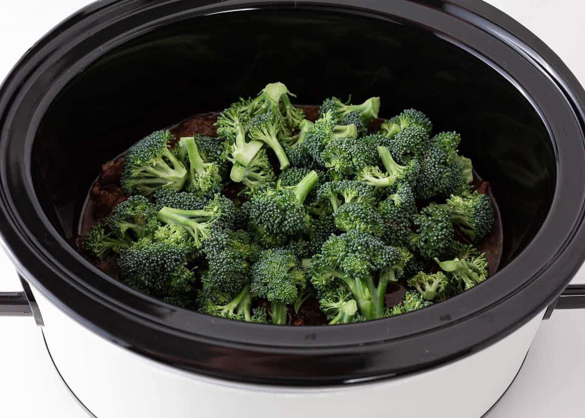 Broccoli in a crockpot for beef and broccoli.