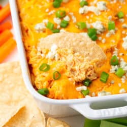 Instant Pot buffalo chicken dip in a dish ready to serve.