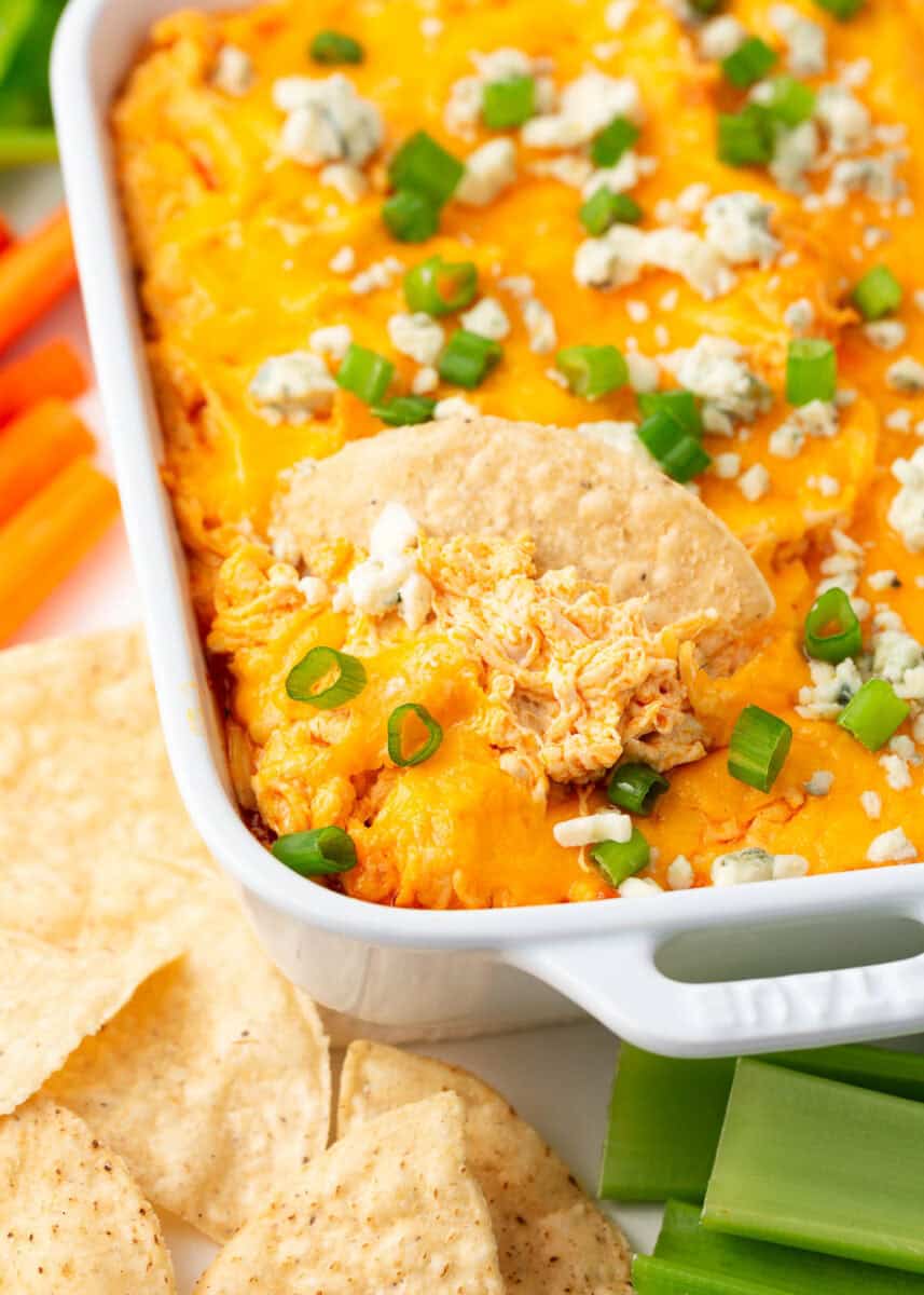 Instant Pot buffalo chicken dip in a dish ready to serve.