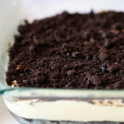 Oreo dirt cake in a glass dish.