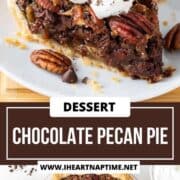 A whole chocolate pecan pie and a slice plated with whipped cream.