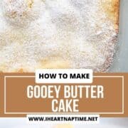 Gooey butter cake whole and a slice on a plate.