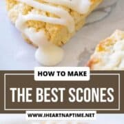 Scones with a glaze on parchment paper.