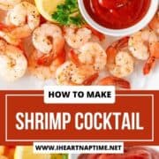 Shrimp cocktail on a plate with shrimp cocktail sauce.