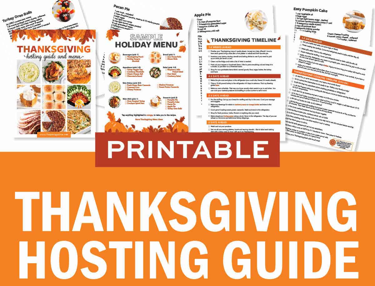 Image showing free printables for a Thanksgiving hosting guide and Thanksgiving menu.