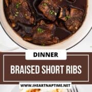 Short ribs in a pot and plated with mashed potatoes.