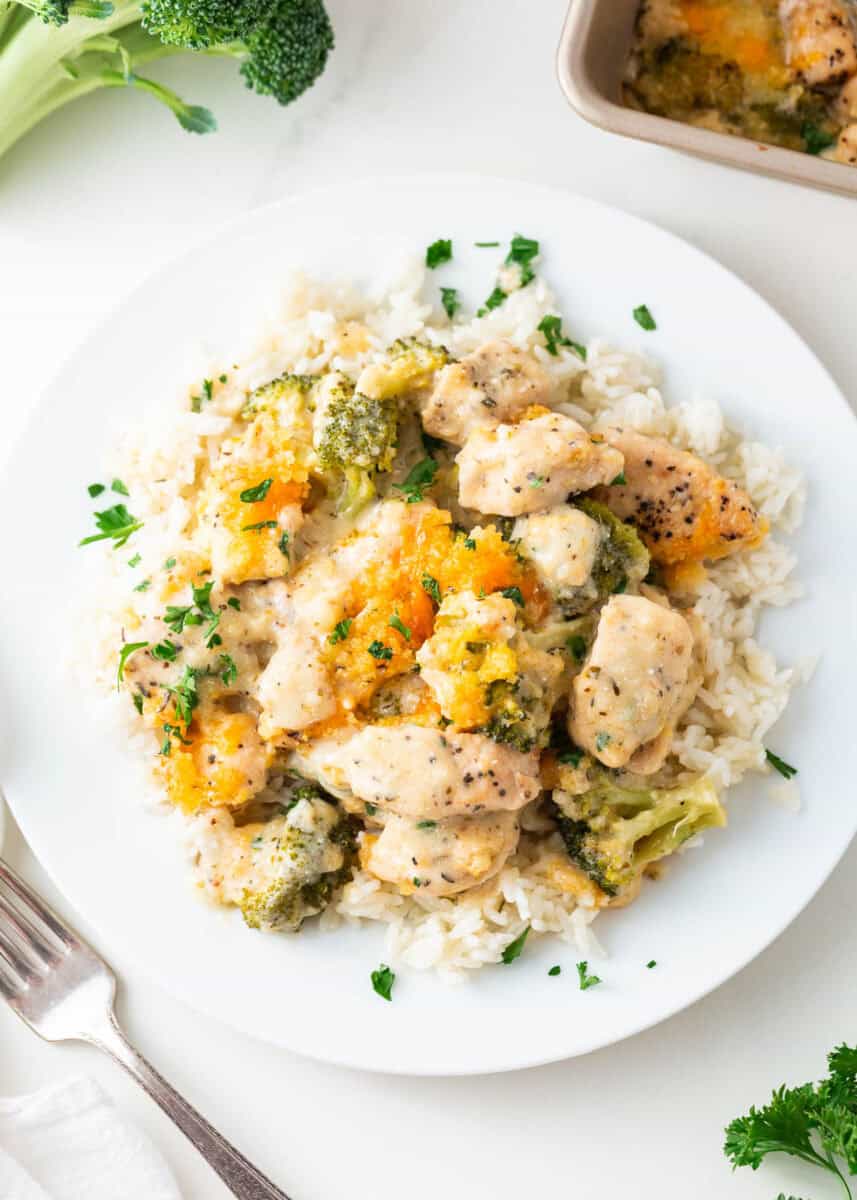 A plate of broccoli chicken divan.