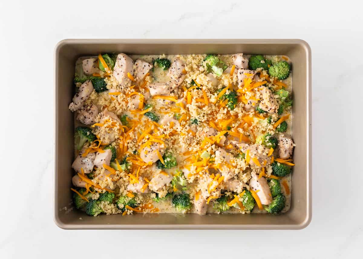 Assembled broccoli divan chicken casserole.