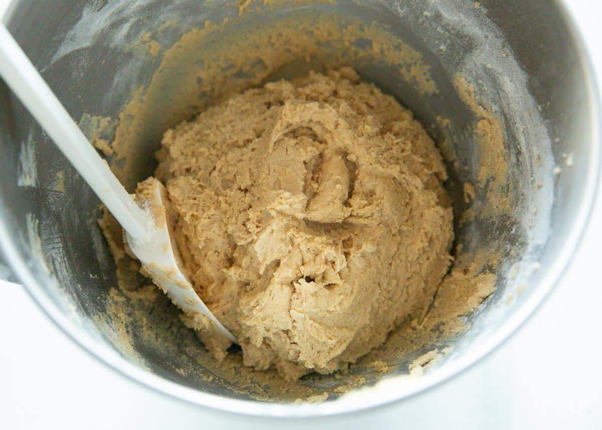 Brown sugar cookie dough in mixing bowl.