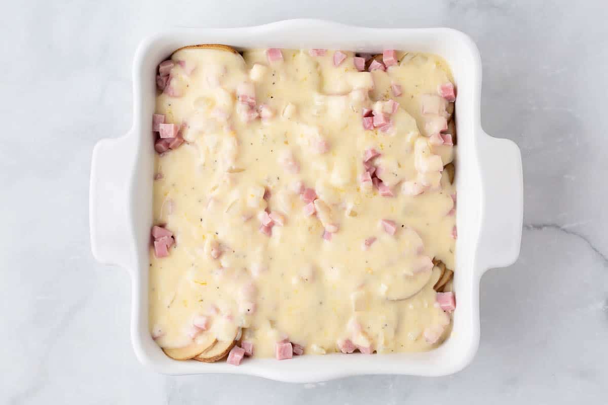 Unbaked ham and cheese scalloped potatoes.