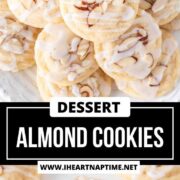 Almond cookies with a glaze and sliced almonds stacked on top of each other.