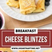 Blintzes made with a cheese filling, topped with blubeerry sauce and whipped cream on a plate.