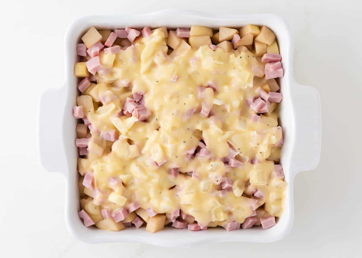 Unbaked ham and potato casserole.