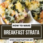 Breakfast strata in a baking dish with spatula for serving.