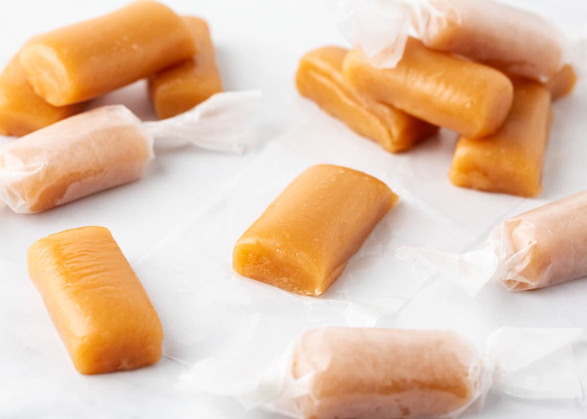 Homemade caramel candy wrapped in wax paper.