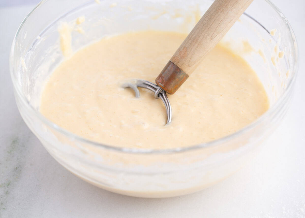 Pancake batter in a bowl.