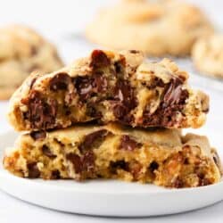 Levain chocolate chip cookies on a plate.