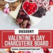 Charcuterie for Valentine's Day on a wood board.