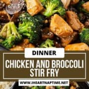 Chicken broccoli stir fry in a skillet.