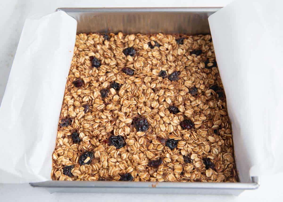 Healthy oatmeal breakfast bars in a baking pan.