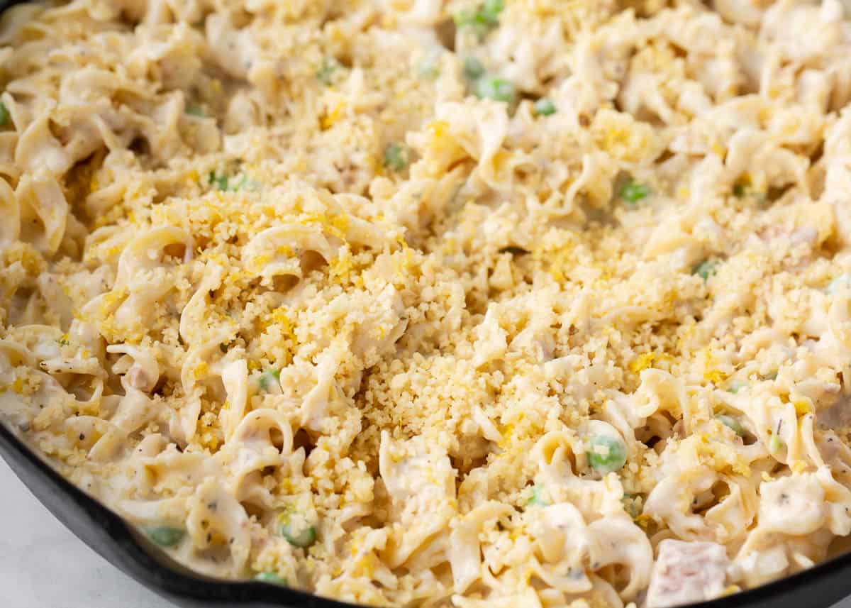 Unbaked tuna casserole with egg noodles.