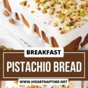 Pistachio bread covered with icing and pistachios.