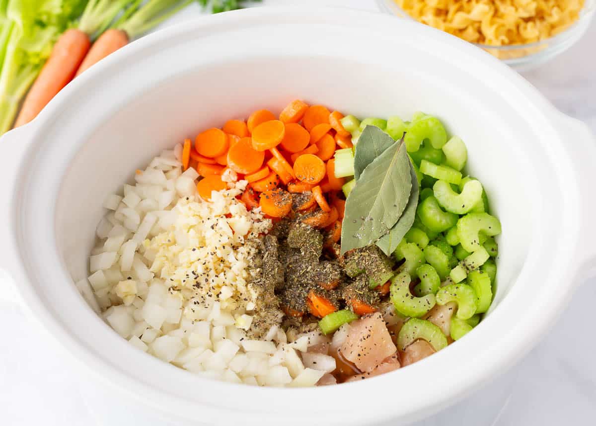 Chicken noodle soup ingredients in the base of a slow cooker.