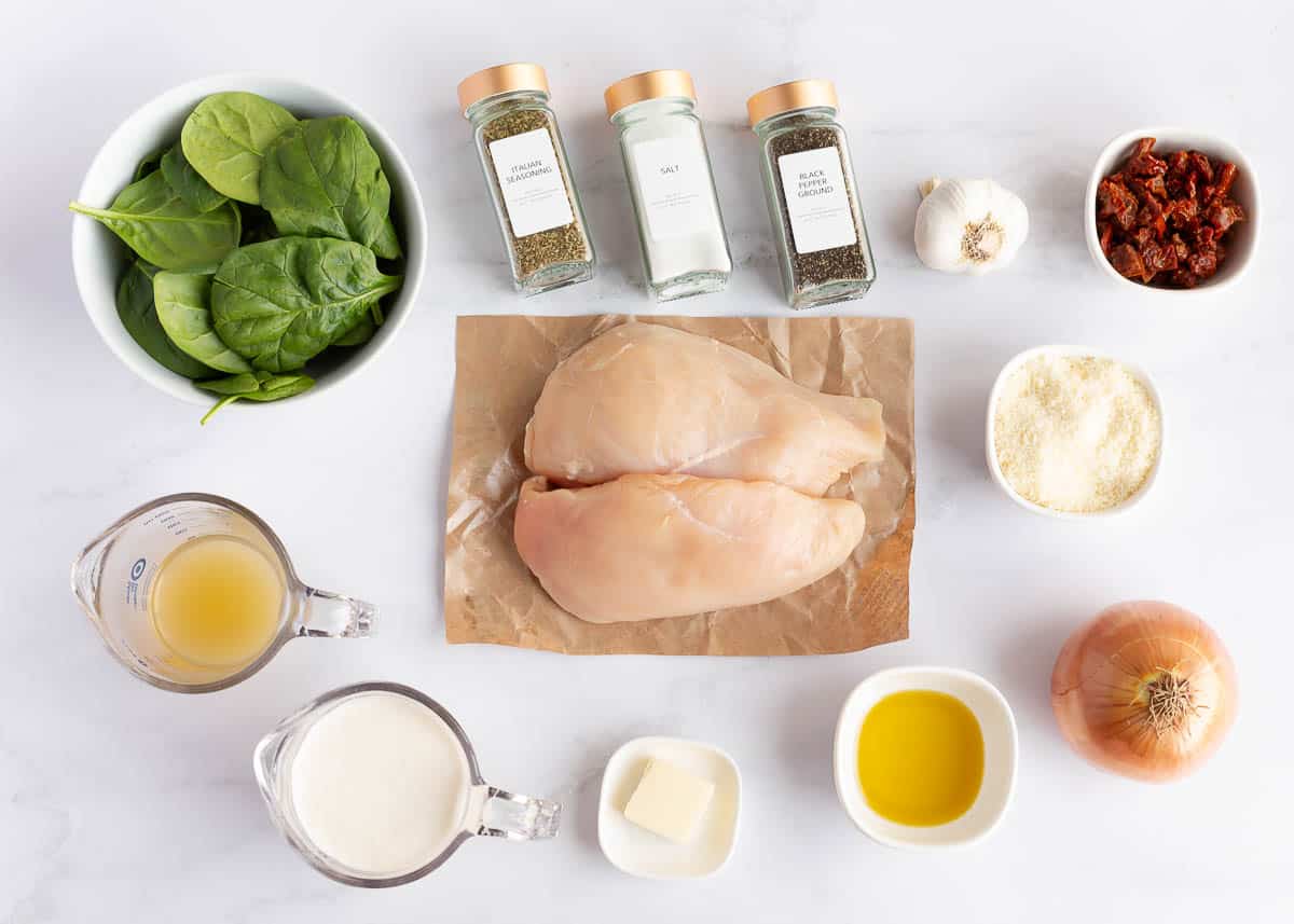 Tuscan chicken ingredients on the counter.