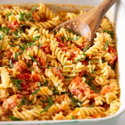 Baked feta pasta in a pan.