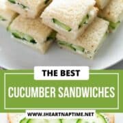 Cucumber sandwiches cut into pieces on a plate.