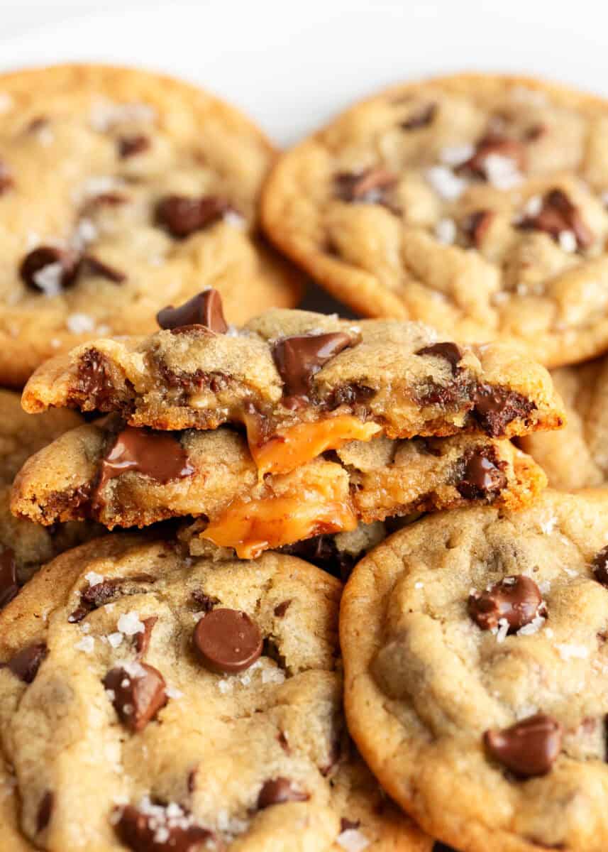 Stack of caramel chocolate chip cookies.