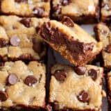 Chocolate chip cookie bars cut into squares.