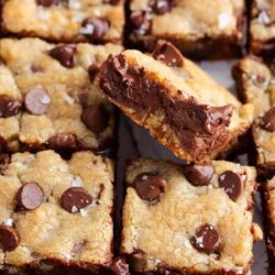 Chocolate chip cookie bars cut into squares.