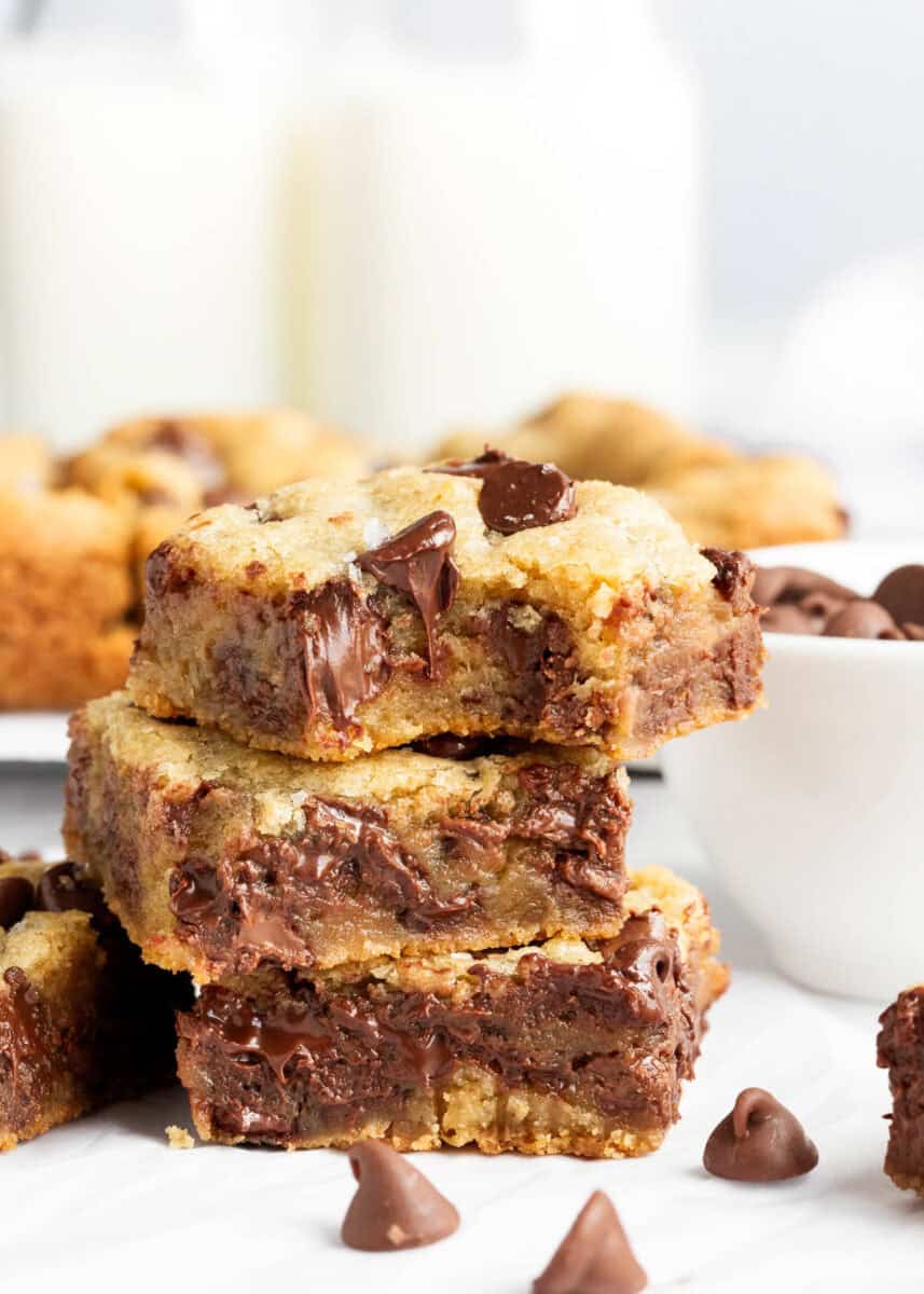 A stack of three chocolate chip cookie bars.