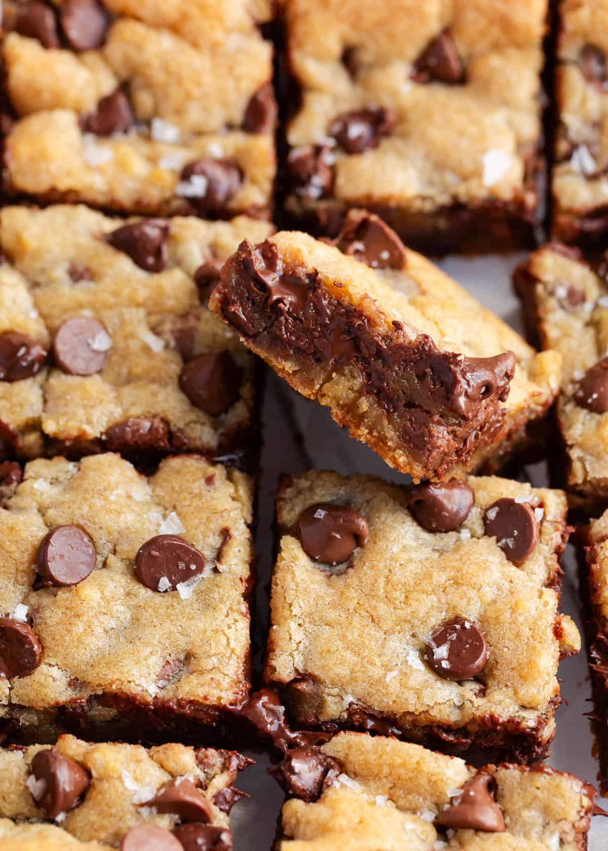 Chocolate chip cookie bars cut into squares.