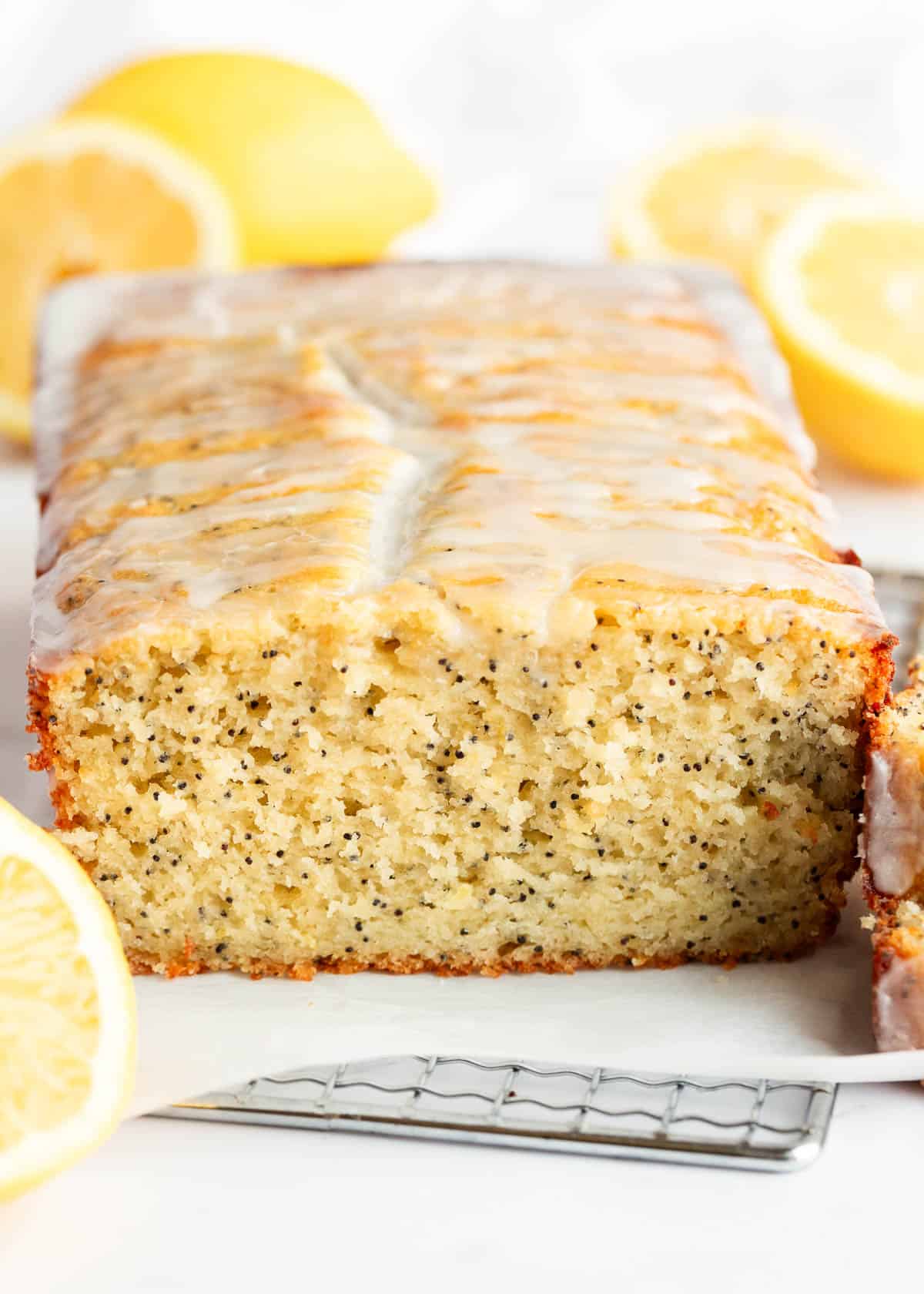 Lemon poppyseed bread loaf.