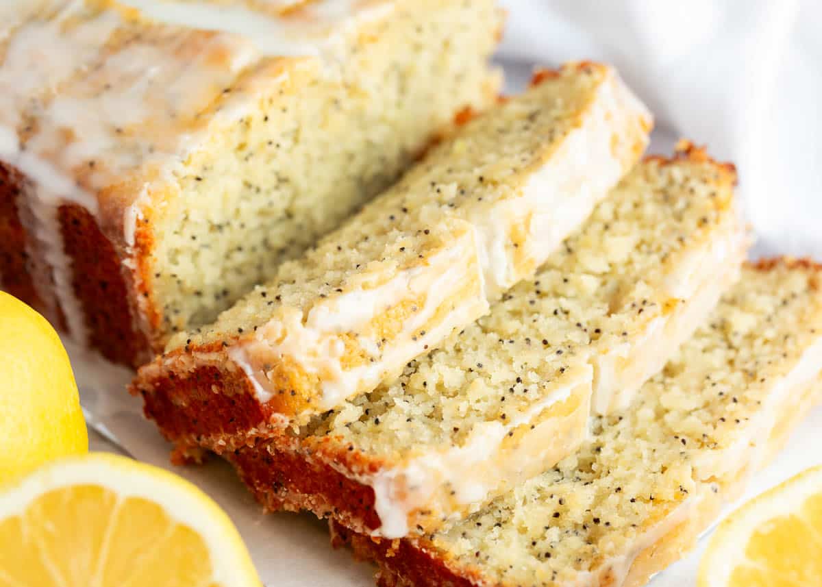 Sliced lemon poppyseed bread.