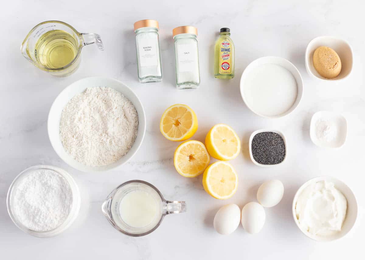 Lemon poppy seed bread ingredients on the counter.