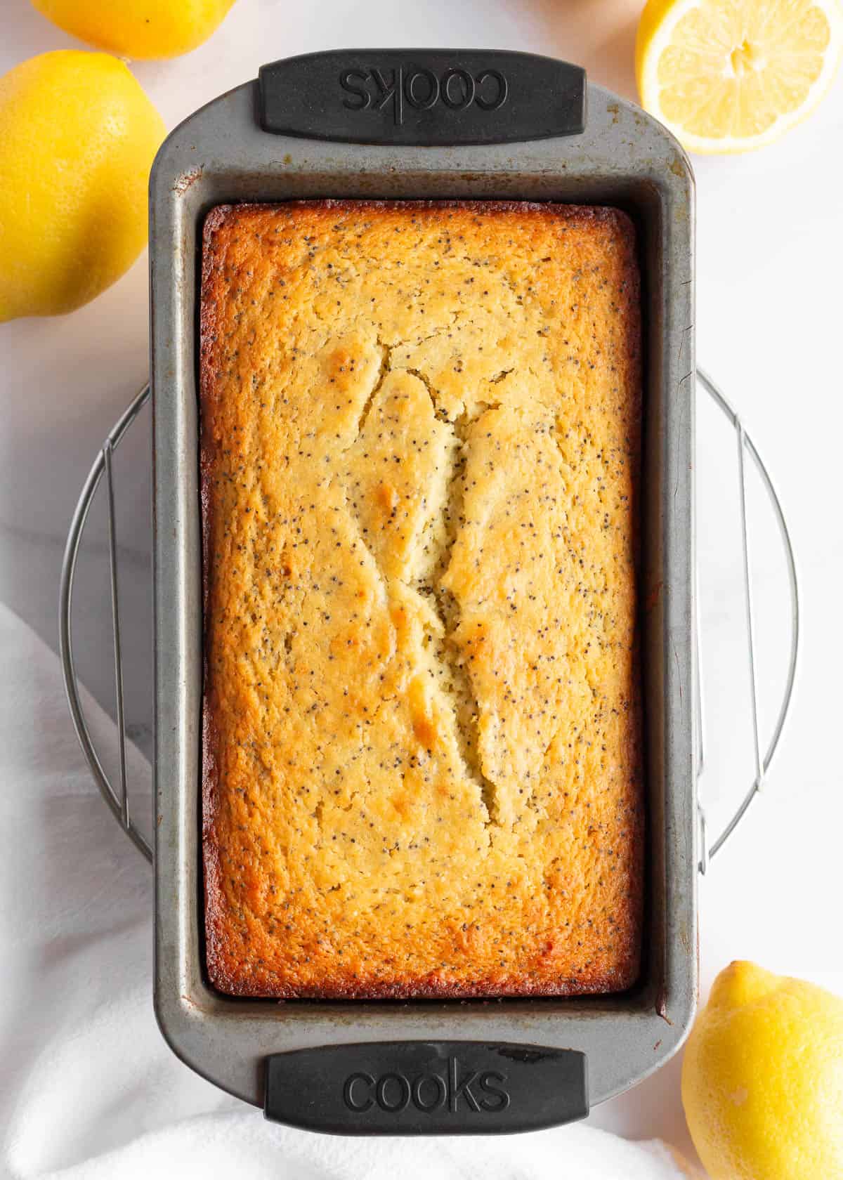 Lemon Poppyseed Bread in a loaf pan.