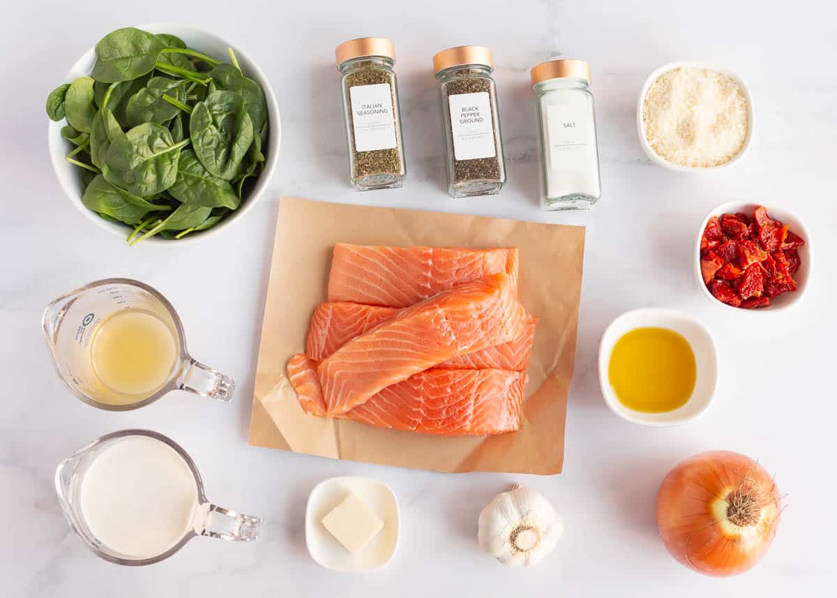 Tuscan salmon ingredients on the counter.