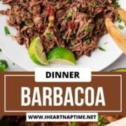 Barbacoa on a white plate with lime slices.