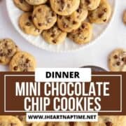 Mini chocolate chip cookies on a plate.